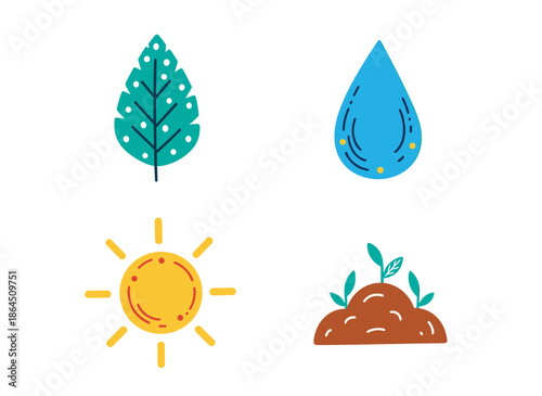 Environmental and gardening symbols set including green leaf water drop sun and young plants growing in soil for ecology