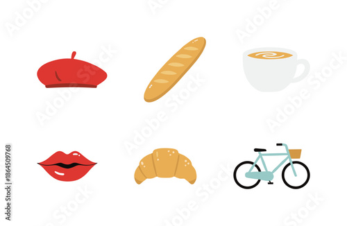French culture lifestyle icons set with red beret baguette coffee cup lips croissant and bicycle isolated on white background