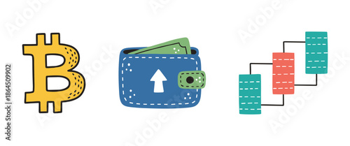 Blockchain and Cryptocurrency Technology Concept Set with Bitcoin Symbol Digital Wallet and Data Blocks Flat Vector Illustration