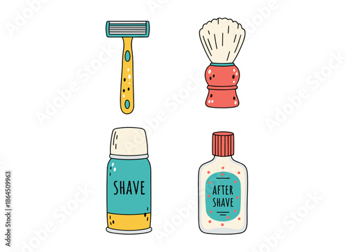 Men Personal Grooming and Shaving Kit with Safety Razor Shaving Brush Foam Cream and Aftershave Lotion Bottle Vector Illustration