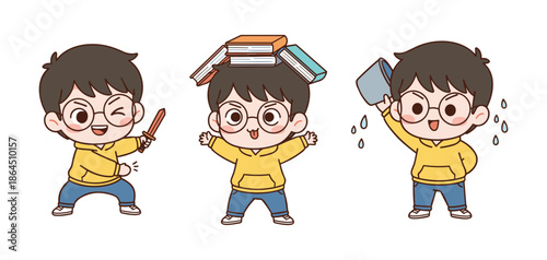 Little Boy Cartoon Character Playing with Toy Sword Balancing Books and Pouring Water from Bucket Flat Vector Illustration