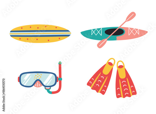 Summer Water Sports Equipment Set Including Surfboard Kayak with Paddle Snorkeling Mask and Diving Fins Vector Illustration