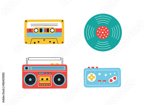 Retro Media and Music Player Icons Set Featuring Audio Cassette Tape Vinyl Record Boombox Radio and Vintage Video Game Controller