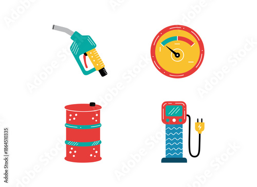 Energy and Fuel Industry Icon Collection Featuring Gas Pump Nozzle Pressure Gauge Oil Barrel and Electric Vehicle EV Charging Station Symbol