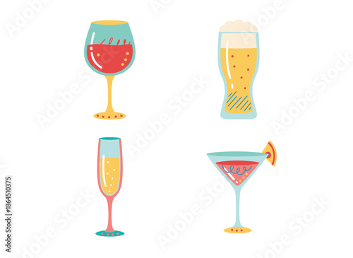 Assorted alcoholic beverages set including red wine glass beer mug champagne flute and tropical cocktail vector illustration