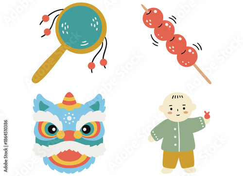 Traditional Chinese cultural symbols set including pellet drum candied haws lion dance mask and cute child in folk costume