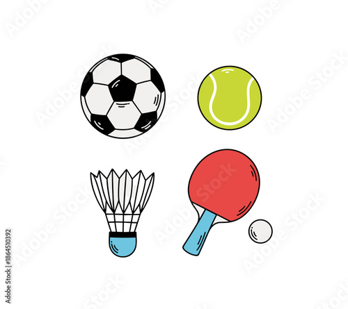 Sports equipment collection featuring soccer ball tennis ball badminton shuttlecock and table tennis paddle with ball