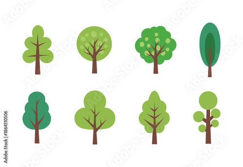 Assorted green tree shapes and types collection in flat design style, environment and forestry conservation symbol vector icons.