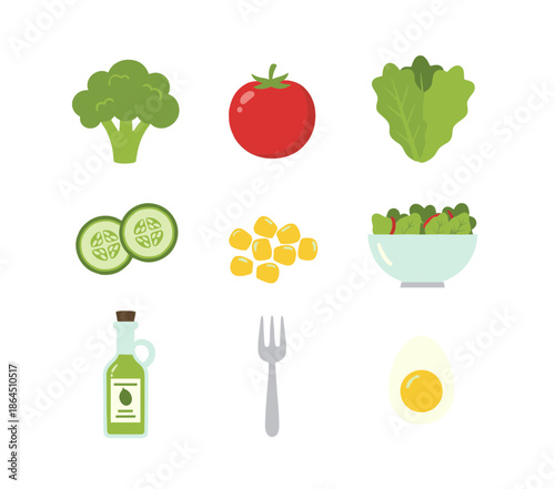 Healthy salad ingredients set with broccoli, tomato, lettuce, cucumber, corn, olive oil and boiled egg, fresh organic food flat icons.