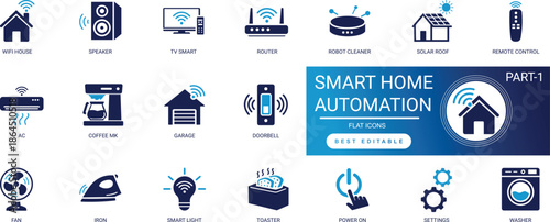 Smart home automation solid icon set featuring intelligent iot house technology, remote security control device, and mobile app wifi connection editable vector icons.