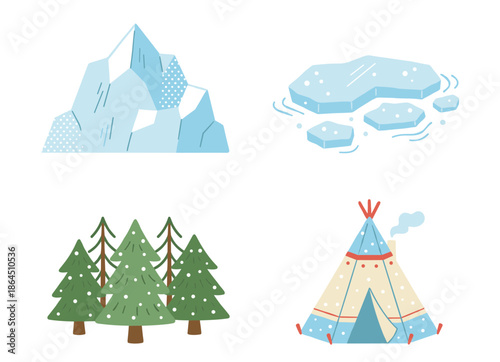 Winter landscape elements collection with snowy mountains ice floes pine forest and indigenous teepee tent in flat cartoon style