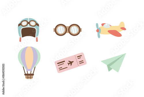 Aviation and air travel elements collection with pilot helmet goggles airplane hot air balloon paper plane and flight ticket