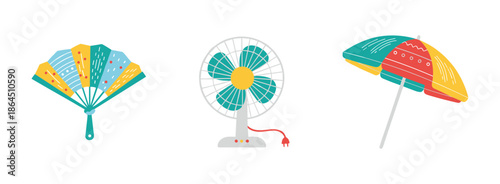 Summer heat relief accessories featuring colorful hand fan electric desk fan and decorative beach umbrella for sun protection
