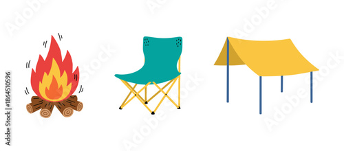 Outdoor camping equipment set with warm burning bonfire comfortable folding chair and yellow sunshade awning tent for hiking