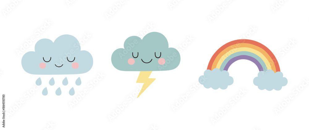 Fototapeta premium Cute weather icons set featuring smiling rain cloud thunder storm cloud and colorful rainbow with clouds vector illustration