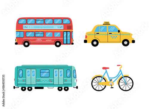 Urban Public Transportation Vehicles Set Including Double Decker Bus Taxi Cab Subway Train Car and Blue Bicycle Icon