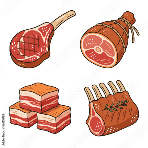 Various raw meat cuts collection including steak ham bacon and ribs for butcher shop or restaurant menu vector illustration