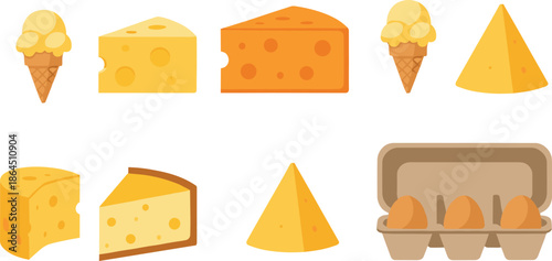 Cheese and Dairy Food Vector Set with Cheese Slices, Cheese Blocks, Ice Cream Cones, and Egg Carton Illustration