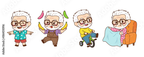 Senior man character daily activities set including juggling bananas riding tricycle and relaxing in armchair vector