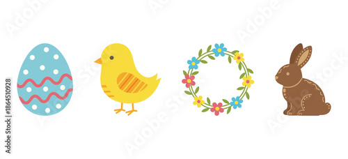 Easter celebration icons set with decorated egg yellow chick flower wreath and chocolate bunny vector illustrations for spring