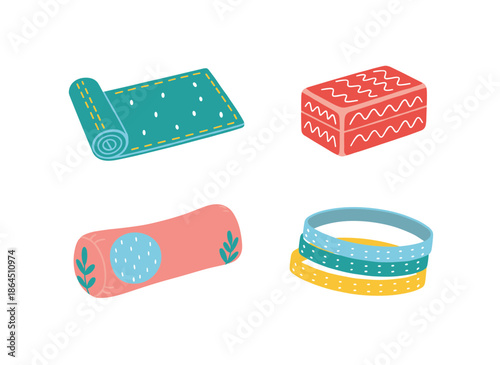 Yoga and Fitness Equipment Set Featuring Rolled Yoga Mat Support Block Bolster Pillow and Resistance Bands for Healthy Lifestyle Design