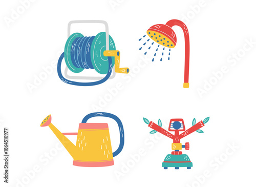 Garden Irrigation and Watering Equipment Set Including Hose Reel Shower Head Watering Can and Automatic Sprinkler System Illustration