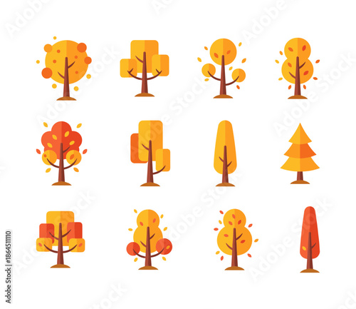Autumn season forest trees collection set with orange and yellow leaves in various shapes for nature environment design