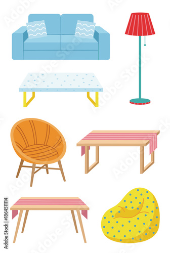 Modern living room furniture set including blue sofa coffee table standing lamp orange chair and yellow bean bag for home