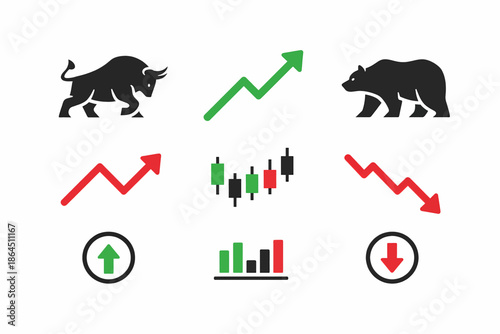 Bull and Bear Market Trend Icons Representing Financial Growth and Decline