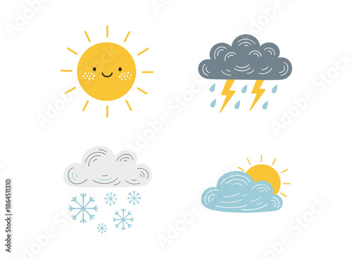 Weather Forecast Icons Set Featuring Sunny Stormy Snowy and Partly Cloudy Conditions Isolated on White Background for Meteorology Design