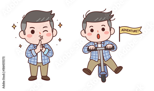 Cute Cartoon Man Character in Plaid Shirt Making Shhh Gesture and Riding a Kick Scooter on an Adventure Journey Concept