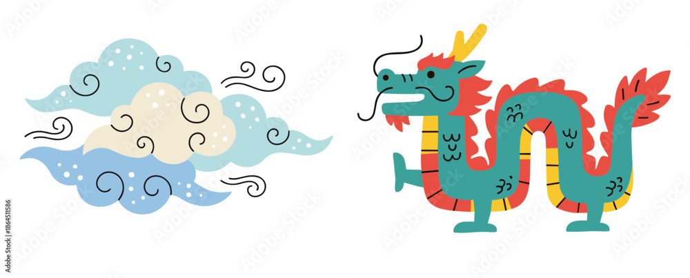 Fototapeta premium Traditional oriental dragon character with decorative auspicious clouds in traditional asian style isolated on white