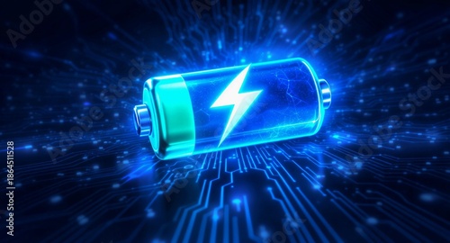 Glowing blue power battery icon with lightning symbol rests upon a futuristic digital circuit board background