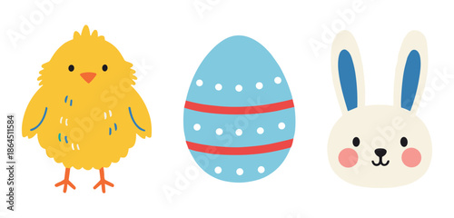Easter celebration elements set with cute yellow chick colorful decorated egg and white bunny face cartoon illustration