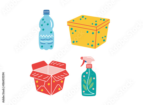 Collection of colorful household containers and storage items including plastic bottle yellow box red open carton and spray bottle