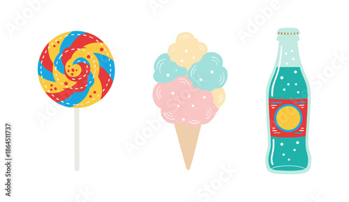Sweet carnival treats collection with colorful swirl lollipop candy floss on cone and soda glass bottle with bubbles