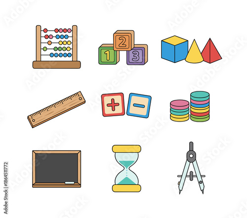 Mathematics and education tools set with abacus blocks shapes ruler chalkboard hourglass and drawing compass instrument