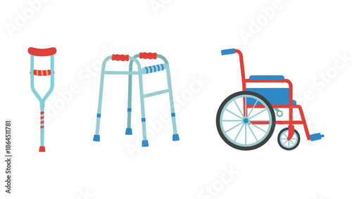 Medical Mobility Aids Set with Crutch Walker and Manual Wheelchair Icons for Rehabilitation Healthcare and Disability Accessibility