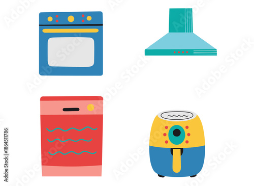 Modern kitchen appliances set featuring electric oven ventilation hood dishwasher and air fryer for home cooking