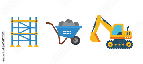 Construction Site Equipment Elements Set Including Scaffolding Wheelbarrow with Stones and Yellow Excavator Vehicle Illustration