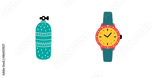 Professional Diving Equipment Set with Oxygen Tank and Waterproof Wristwatch Scuba Gear for Underwater Exploration Illustration