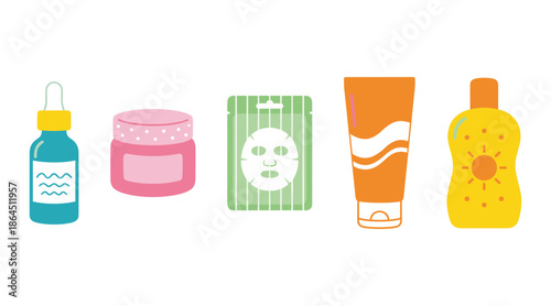 Skin Care Beauty Products Set Including Face Mask Cream Serum Tube and Sunscreen Bottle for Cosmetic Routine and Self Care Concept