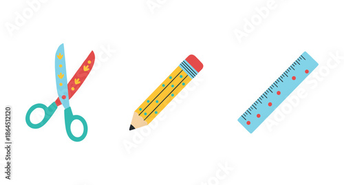 School stationery supplies collection featuring colorful floral scissors yellow pencil with eraser and blue plastic measuring ruler