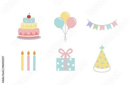 Birthday celebration icons set with three tier cake balloons party hat candles gift box and colorful bunting flags for anniversary