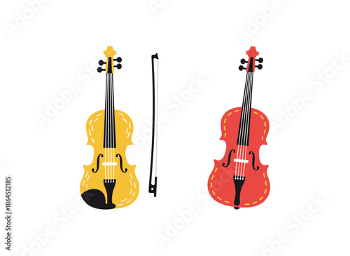 Classical Musical Instruments Collection with Yellow and Red Violin Cello and Bow for Symphony Orchestra and Music Education