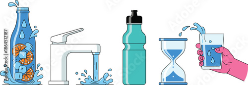 Clean Drinking Water Concept Icons Set Including Bottle, Tap, Timer and Glass in Flat Vector Style