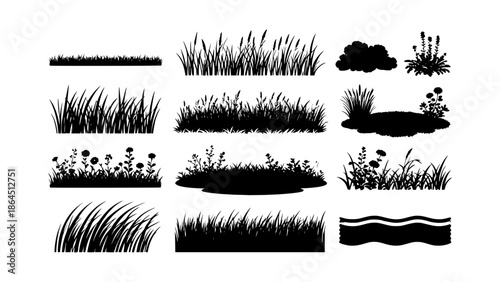 Scalable Grass Silhouette Vector Icon Set for Landscape and Environment Design