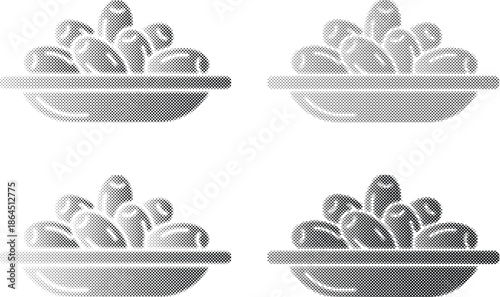 Halftone dot icon set of dates in bowls isolated on transparent background, Vector
