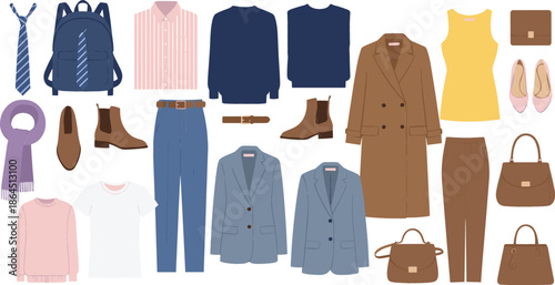 Large collection of professional business and casual fashion apparel featuring suits coats shoes handbags and accessories on white background