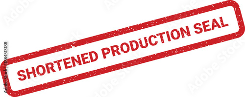 Grungy red rectangular rubber stamp imprint reading shortened production seal for certifying official manufacturing completion
